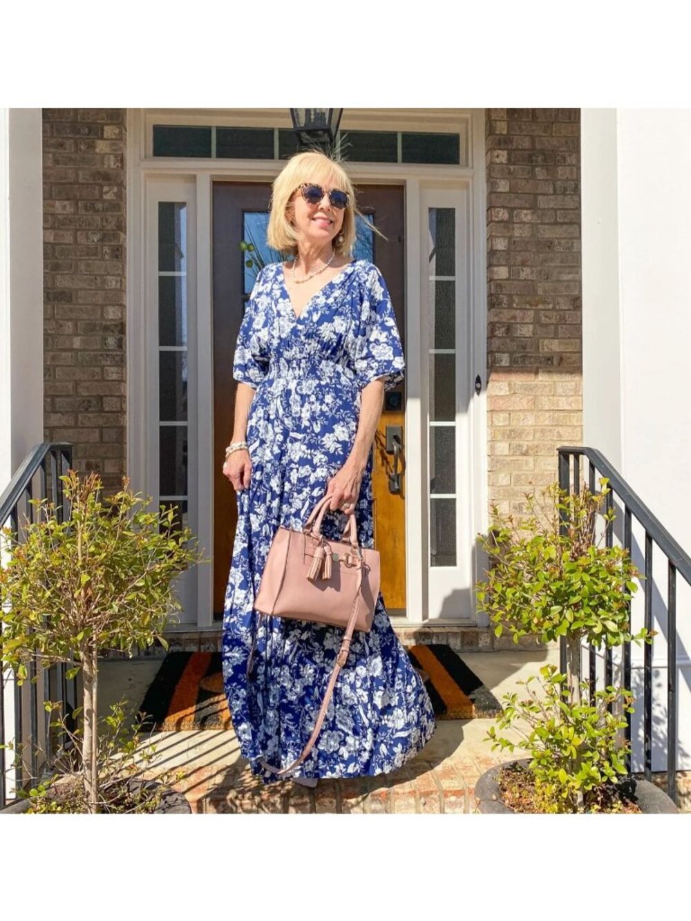 Pink Lily Floral Boho Maxi Dress mocked Waist Dolman sleeve Summer Blue White S
